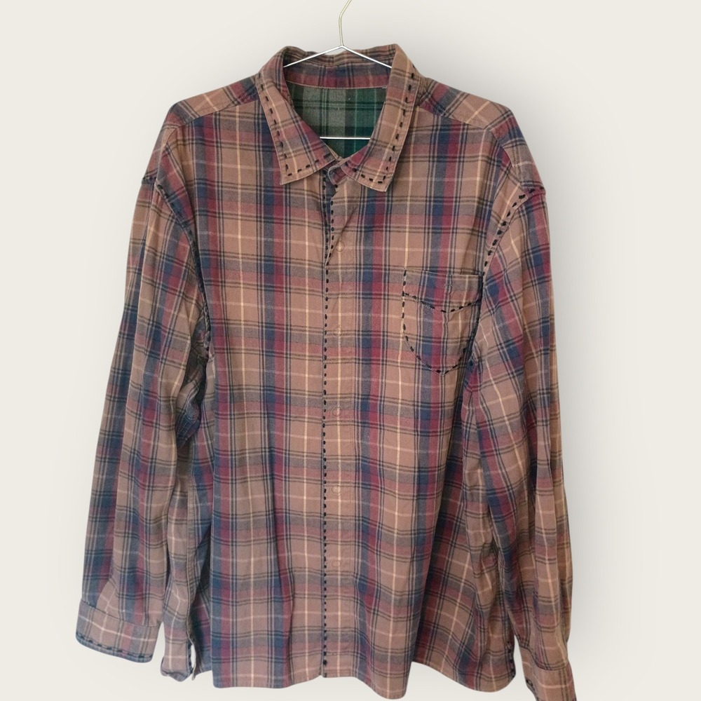 Mens‎ Plaid Flannel Shirt Button Down Long Sleeve Brown Blue Stitch Reversible